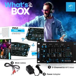 3-Channel Bluetooth DJ Mixer, Wireless Streaming, USB Reader, Blue<Pyle New
