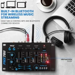 3-Channel Bluetooth DJ Mixer, Wireless Streaming, USB Reader, Blue<Pyle New
