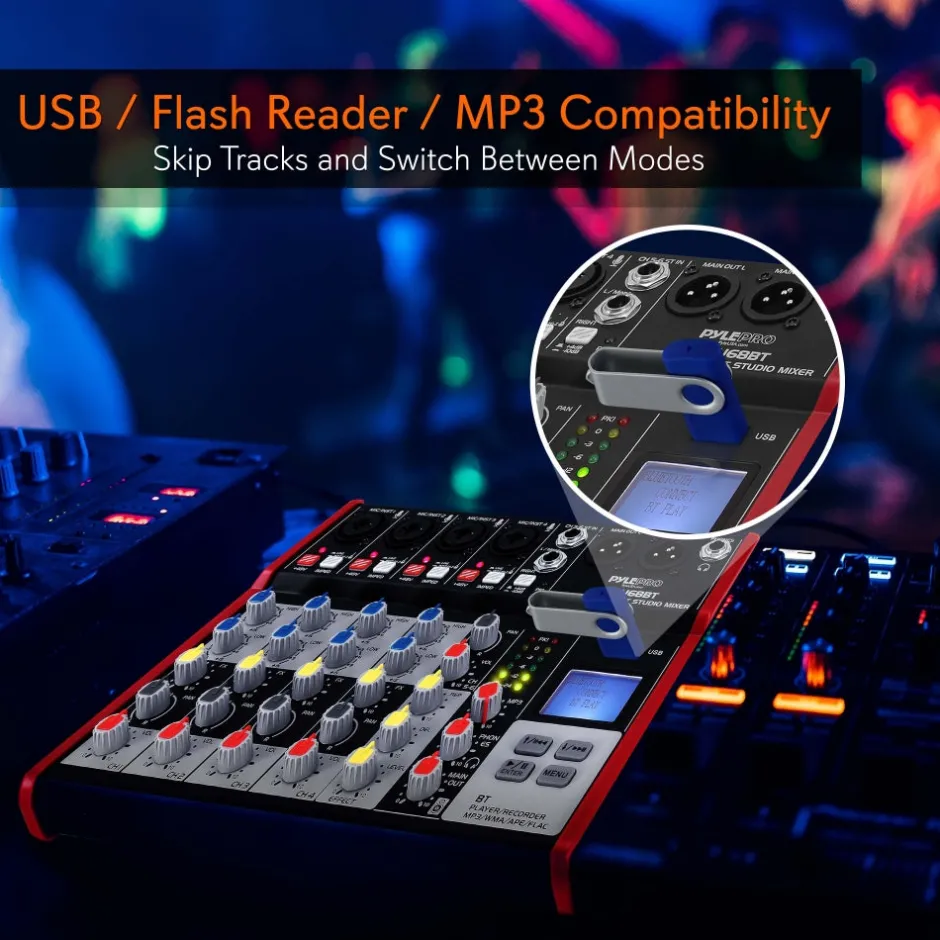 6-Channel Bluetooth DJ Mixer - Pro Audio, USB Interface, Phantom Power<Pyle Sale