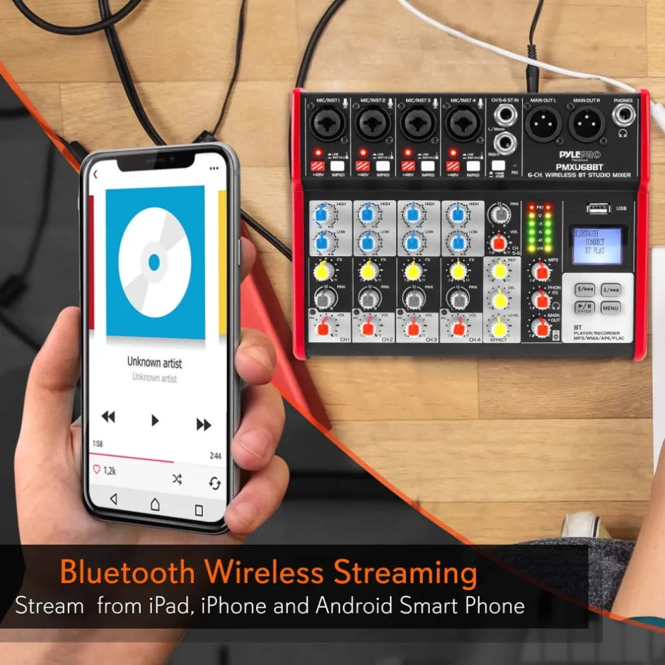6-Channel Bluetooth DJ Mixer - Pro Audio, USB Interface, Phantom Power<Pyle Sale