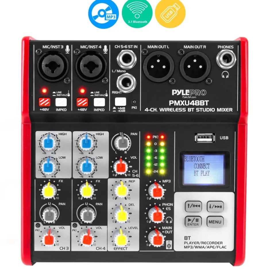 4-Channel Bluetooth DJ Mixer - Pro Audio, USB Interface, Phantom Power<Pyle New