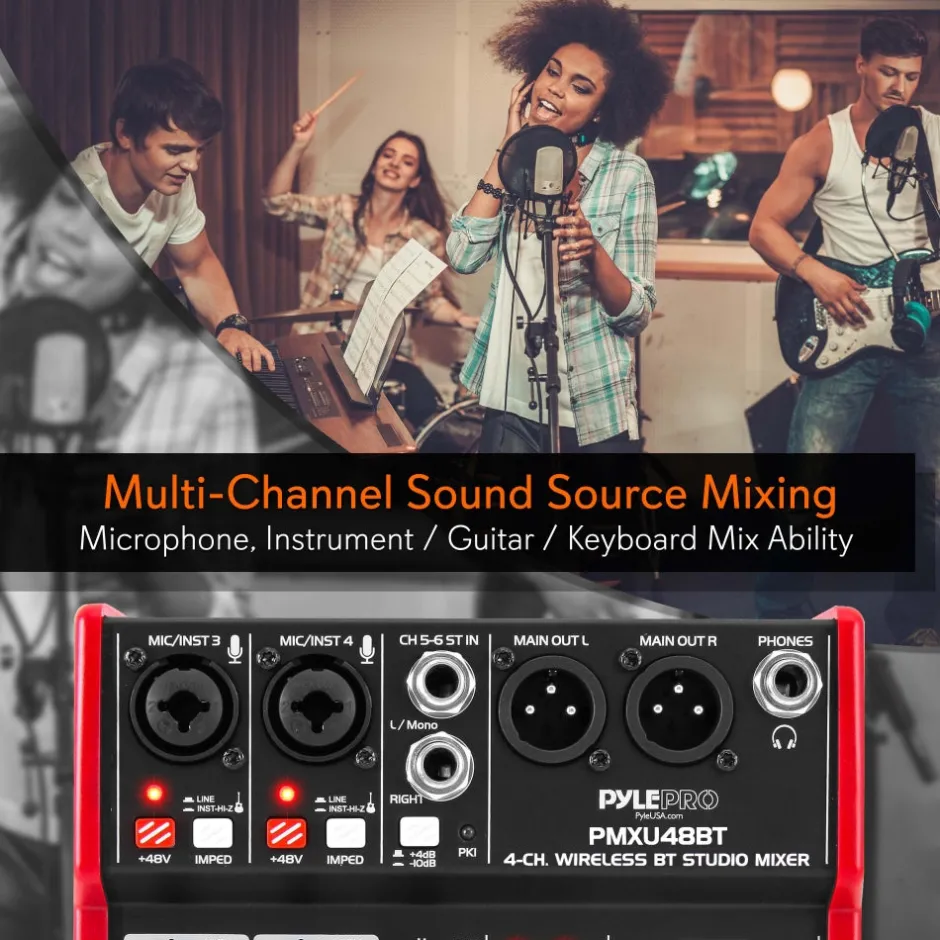 4-Channel Bluetooth DJ Mixer - Pro Audio, USB Interface, Phantom Power<Pyle New