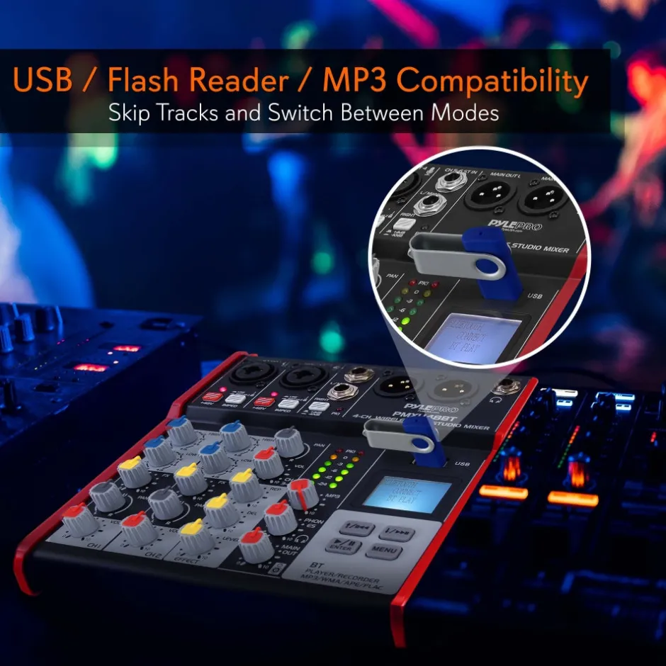 4-Channel Bluetooth DJ Mixer - Pro Audio, USB Interface, Phantom Power<Pyle New