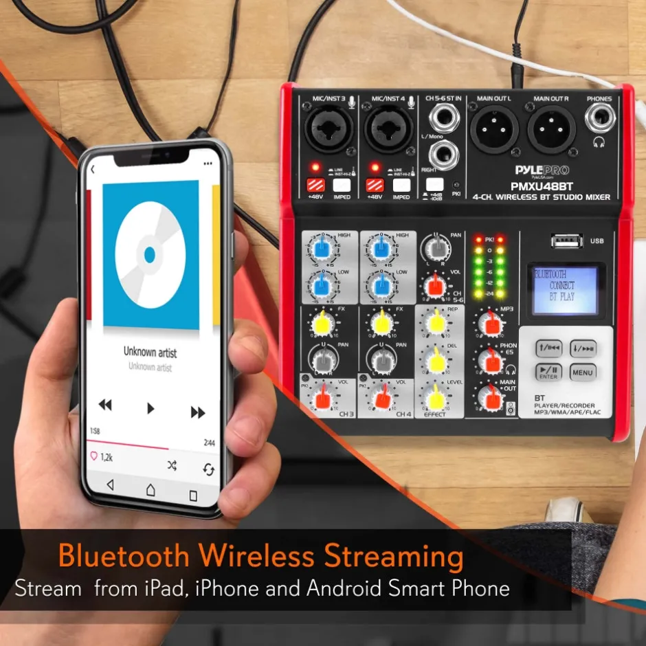 4-Channel Bluetooth DJ Mixer - Pro Audio, USB Interface, Phantom Power<Pyle New