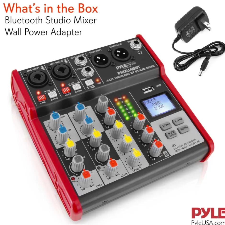 4-Channel Bluetooth DJ Mixer - Pro Audio, USB Interface, Phantom Power<Pyle New