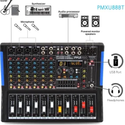 8-Channel Bluetooth DJ Mixer - Pro Sound, USB Recording, 7-Band EQ<Pyle Online