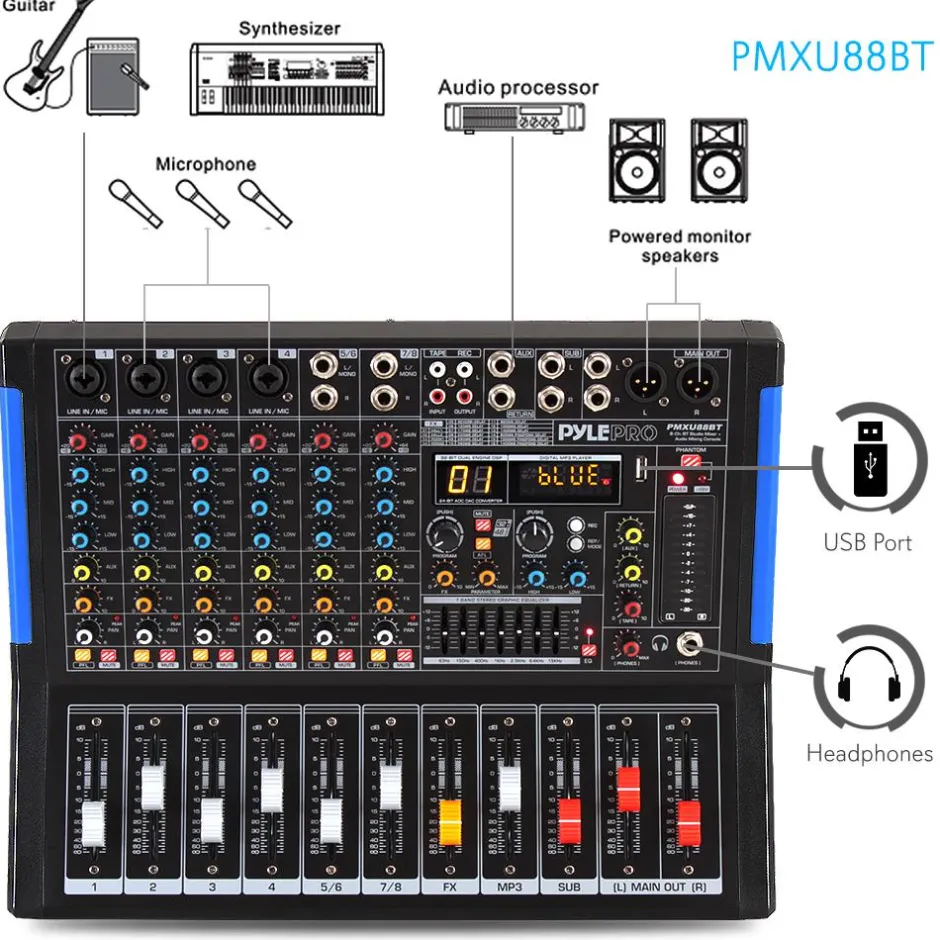 8-Channel Bluetooth DJ Mixer - Pro Sound, USB Recording, 7-Band EQ<Pyle Online