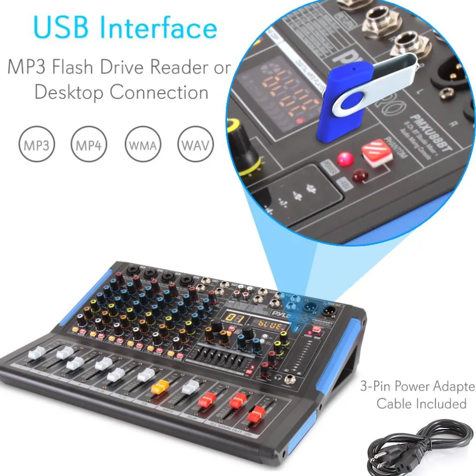 8-Channel Bluetooth DJ Mixer - Pro Sound, USB Recording, 7-Band EQ<Pyle Online