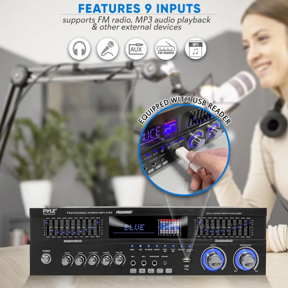 6-Channel Bluetooth Home Amplifier 1600W Wireless Streaming USB Inputs<Pyle Online