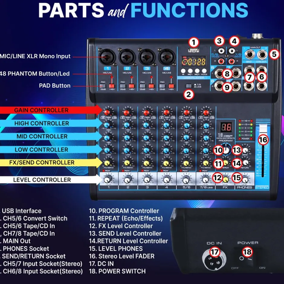8-Channel Bluetooth Studio Mixer - USB, DSP, Phantom Power, DJ/Studio Use<Pyle Discount
