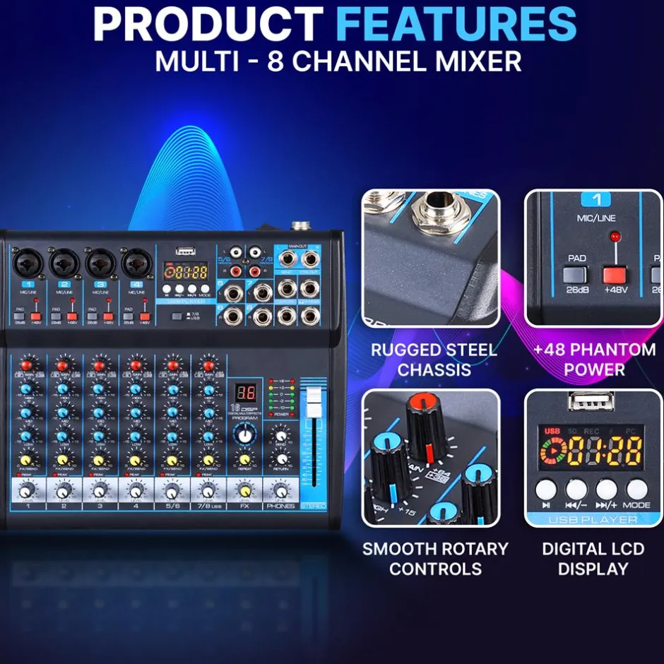 8-Channel Bluetooth Studio Mixer - USB, DSP, Phantom Power, DJ/Studio Use<Pyle Discount