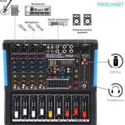 4-Channel Bluetooth Studio Mixer - USB Recording, 48V Power, 7-Band EQ<Pyle Clearance