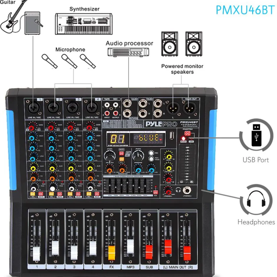 4-Channel Bluetooth Studio Mixer - USB Recording, 48V Power, 7-Band EQ<Pyle Clearance