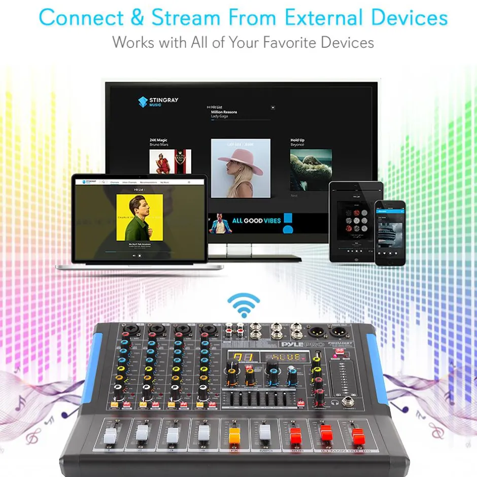 4-Channel Bluetooth Studio Mixer - USB Recording, 48V Power, 7-Band EQ<Pyle Clearance