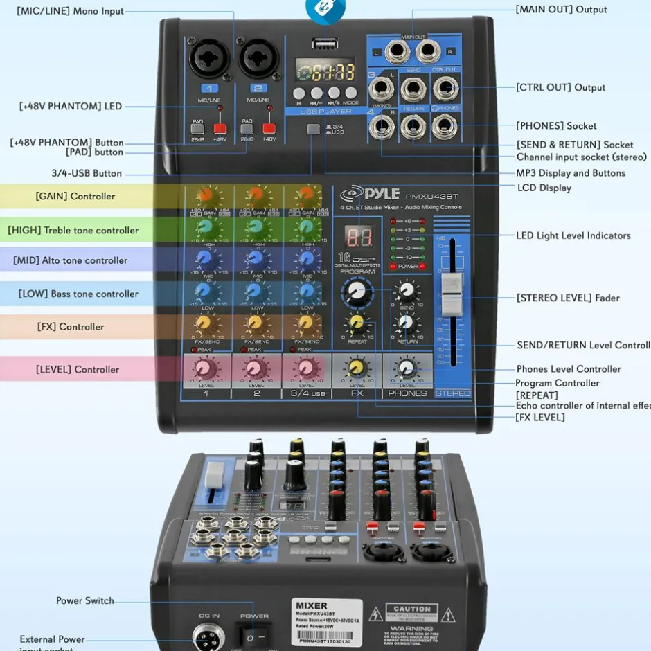 4-Channel Bluetooth Studio Mixer - USB, FX, 48V Phantom Power<Pyle Outlet