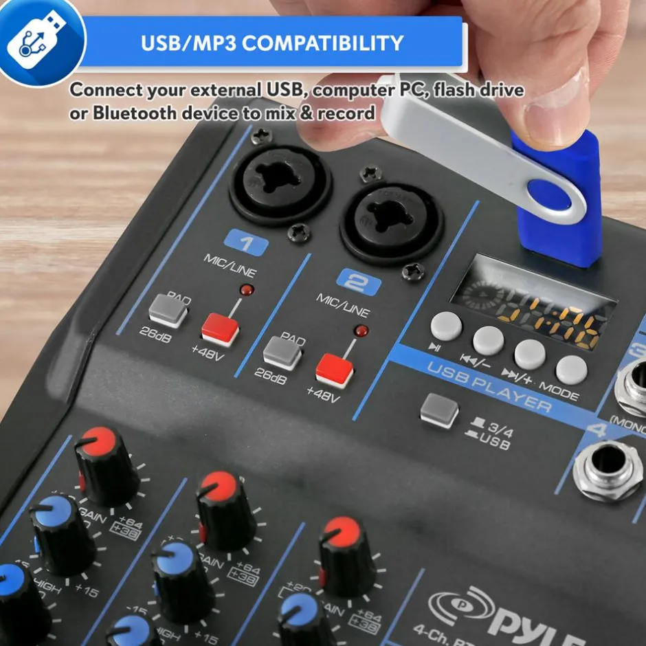 4-Channel Bluetooth Studio Mixer - USB, FX, 48V Phantom Power<Pyle Outlet