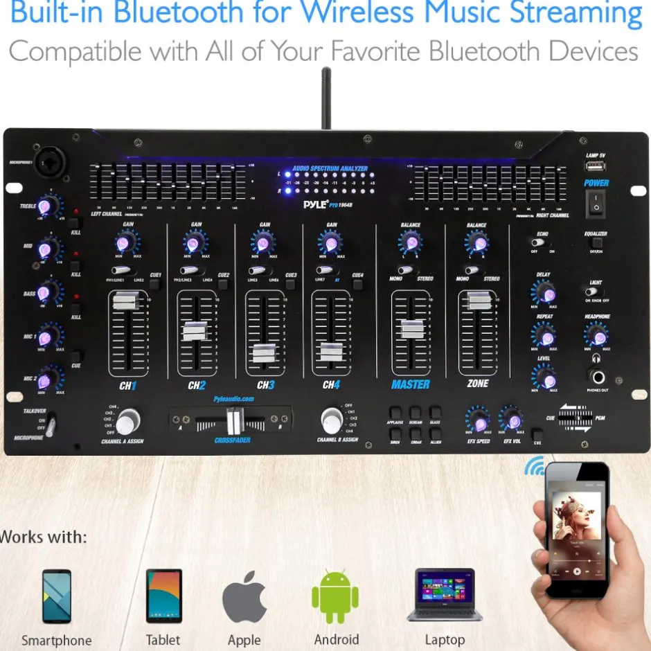 6-Channel DJ Mixer with Bluetooth, LED Controls, 10-Band Equalizer<Pyle Discount