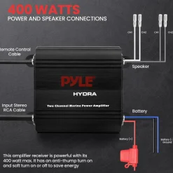 2-Channel Marine Amplifier, Waterproof, 400W Power, RCA Input<Pyle Discount