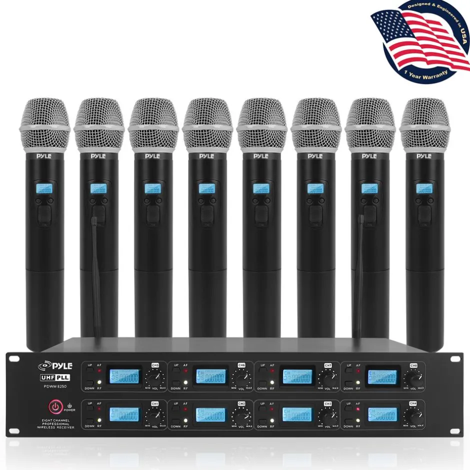 8-Channel UHF Wireless Mic System, 164 ft Range, LCD Display, Rack Mountable<Pyle Online