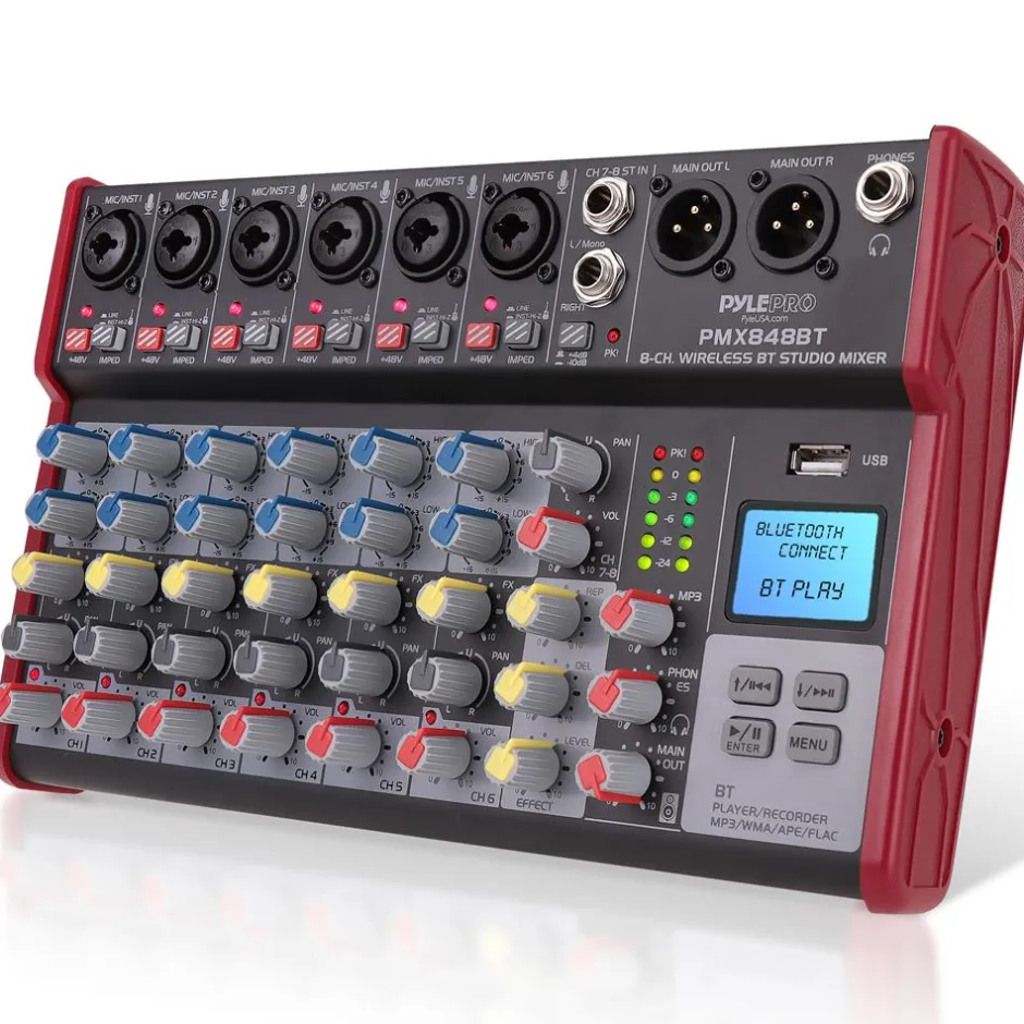 8-Channel Wireless DJ Mixer - Bluetooth Streaming, USB, +48V Phantom Power<Pyle New