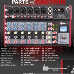 8-Channel Wireless DJ Mixer - Bluetooth Streaming, USB, +48V Phantom Power<Pyle New