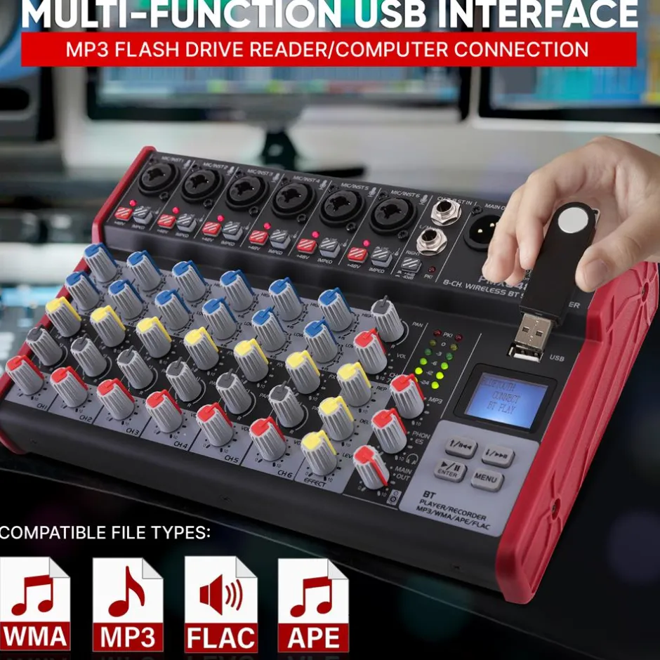 8-Channel Wireless DJ Mixer - Bluetooth Streaming, USB, +48V Phantom Power<Pyle New
