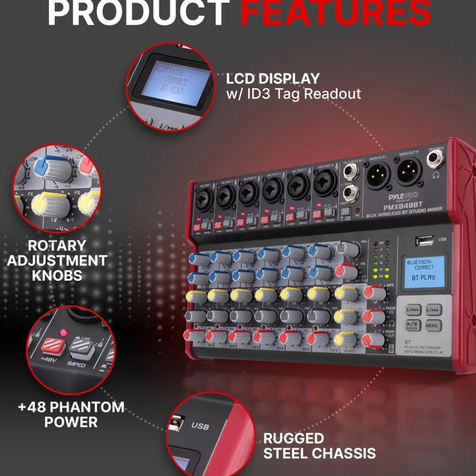 8-Channel Wireless DJ Mixer - Bluetooth Streaming, USB, +48V Phantom Power<Pyle New
