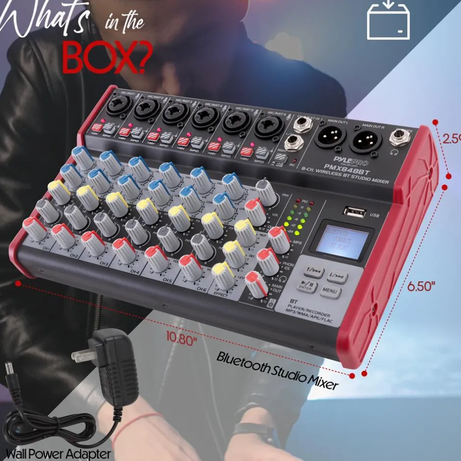 8-Channel Wireless DJ Mixer - Bluetooth Streaming, USB, +48V Phantom Power<Pyle New