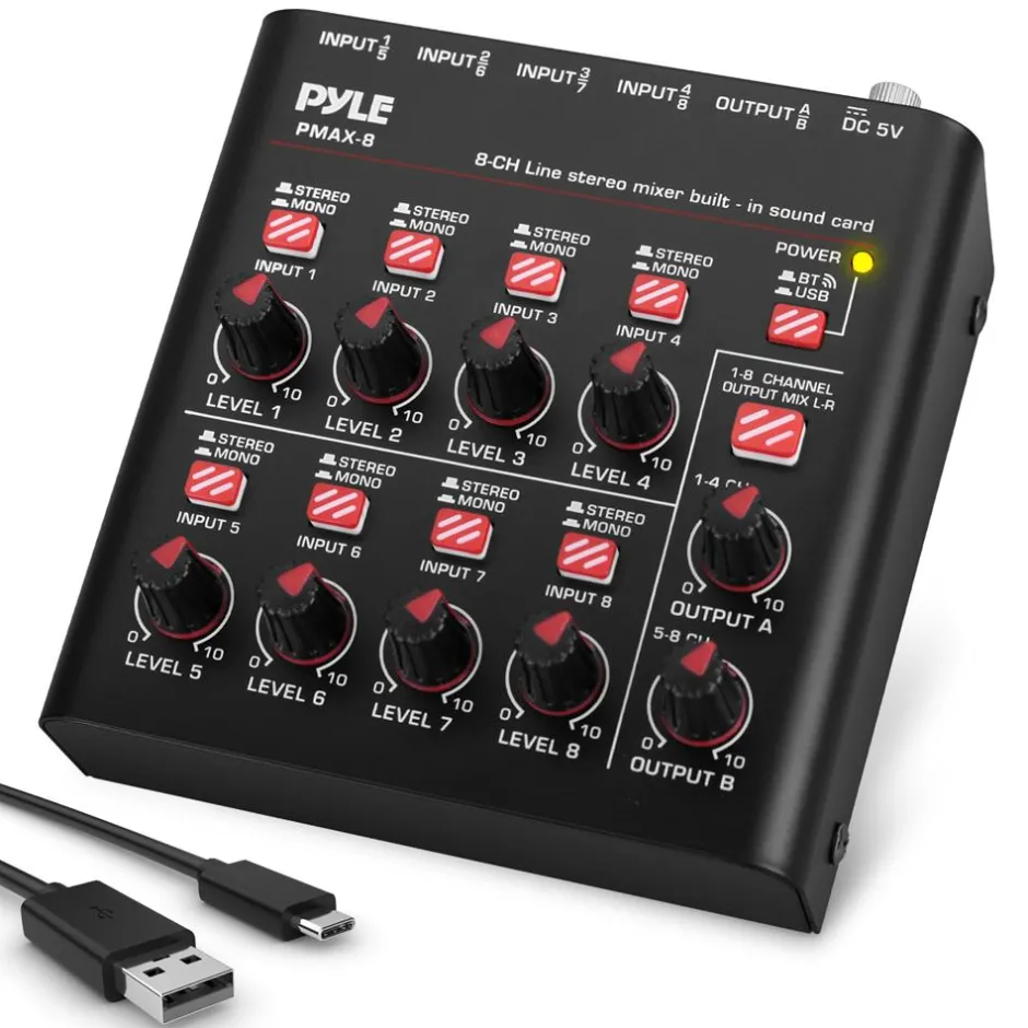 8-Channel Wireless Mixer, Low Noise, USB Sound Card, Compact Size<Pyle New