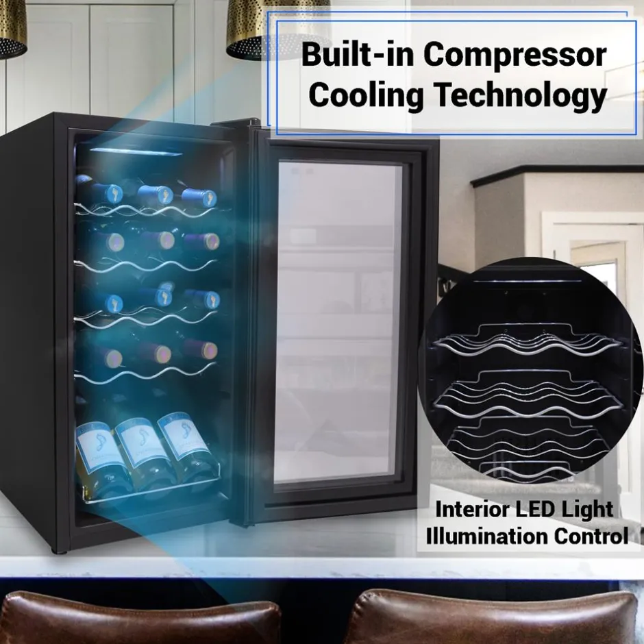 Compressor Wine Fridge 15-Bottle Capacity Digital Touch Glass Door White<NutriChef Outlet