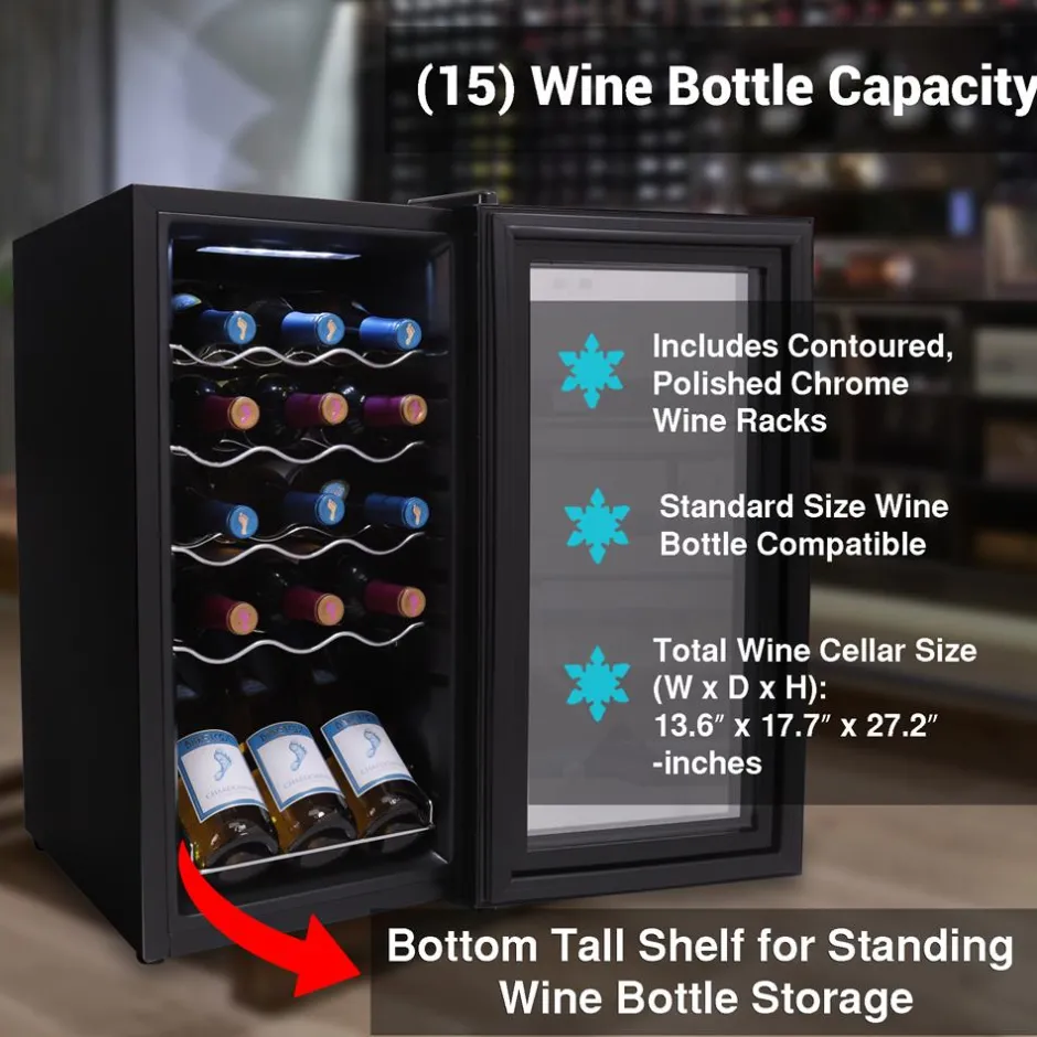 Compressor Wine Fridge 15-Bottle Capacity Digital Touch Glass Door White<NutriChef Outlet