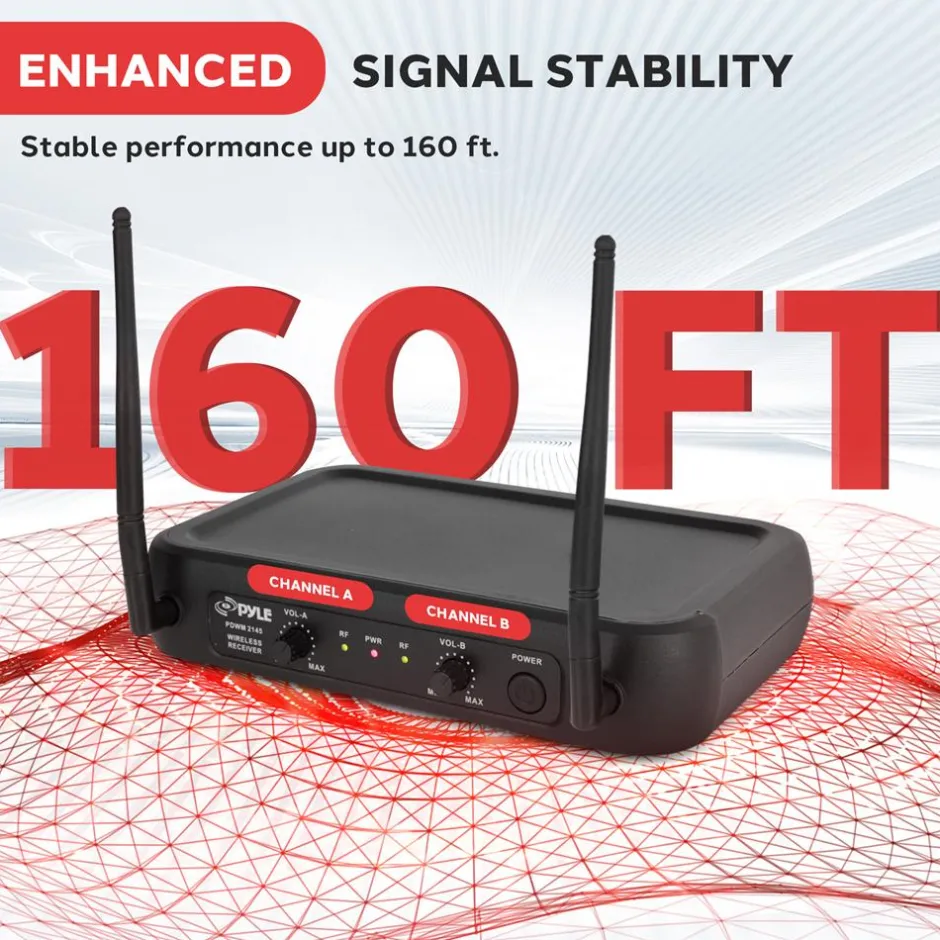 Dual Channel Wireless Mic System - Clear Sound, VHF, 2 Lavalier & Headset<Pyle