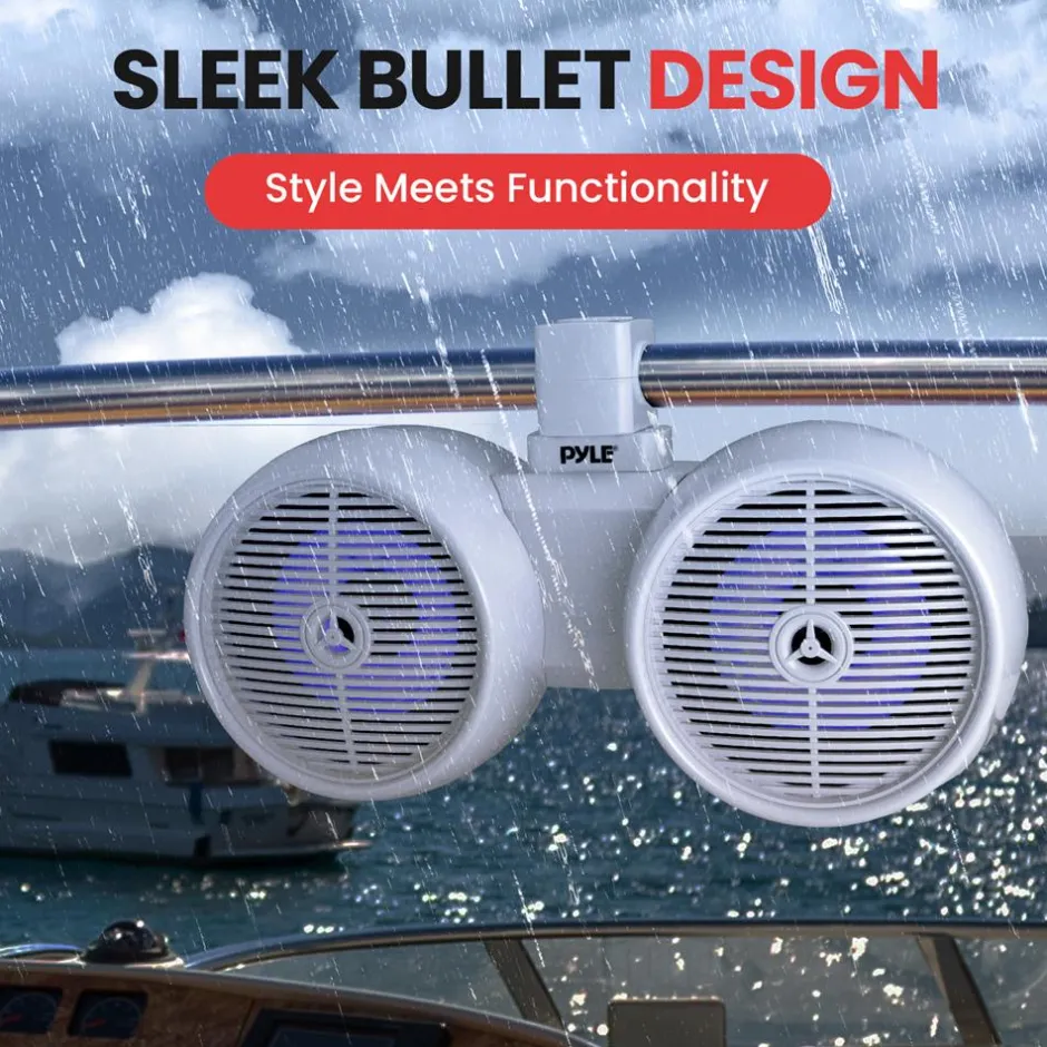 Dual Marine Speakers 300W Waterproof LED 8" White<Pyle Outlet