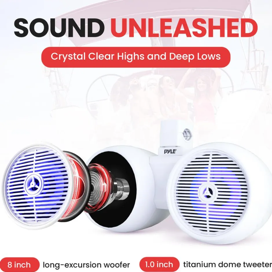 Dual Marine Speakers 300W Waterproof LED 8" White<Pyle Outlet