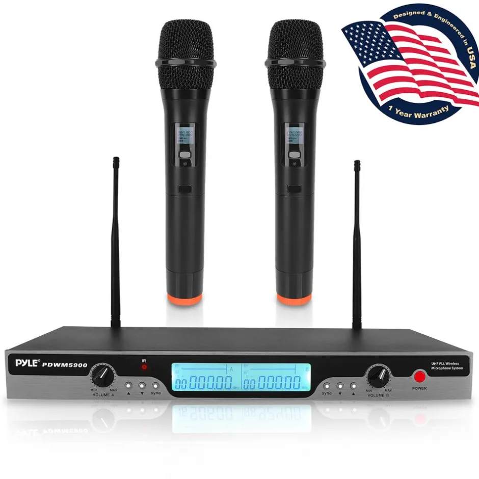 Dual UHF Wireless Microphone System 200' Range LCD Display Rack Mountable<Pyle Discount