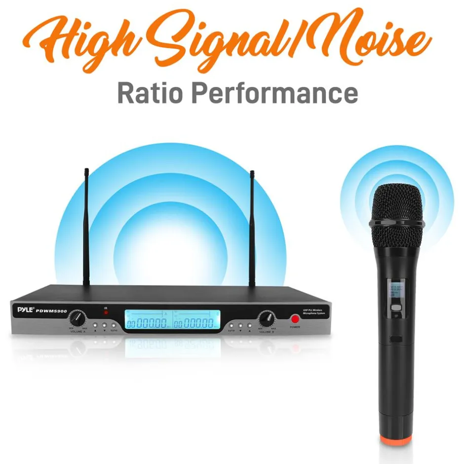 Dual UHF Wireless Microphone System 200' Range LCD Display Rack Mountable<Pyle Discount