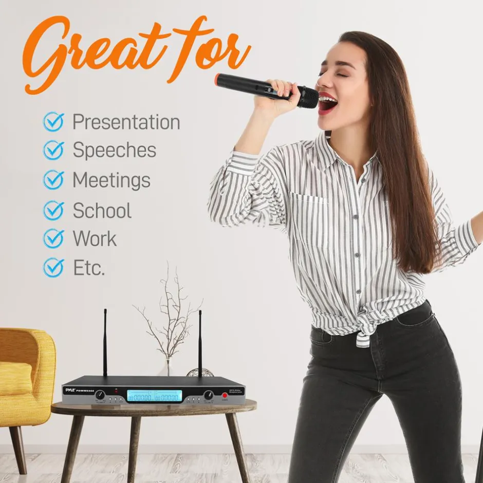 Dual UHF Wireless Microphone System 200' Range LCD Display Rack Mountable<Pyle Discount