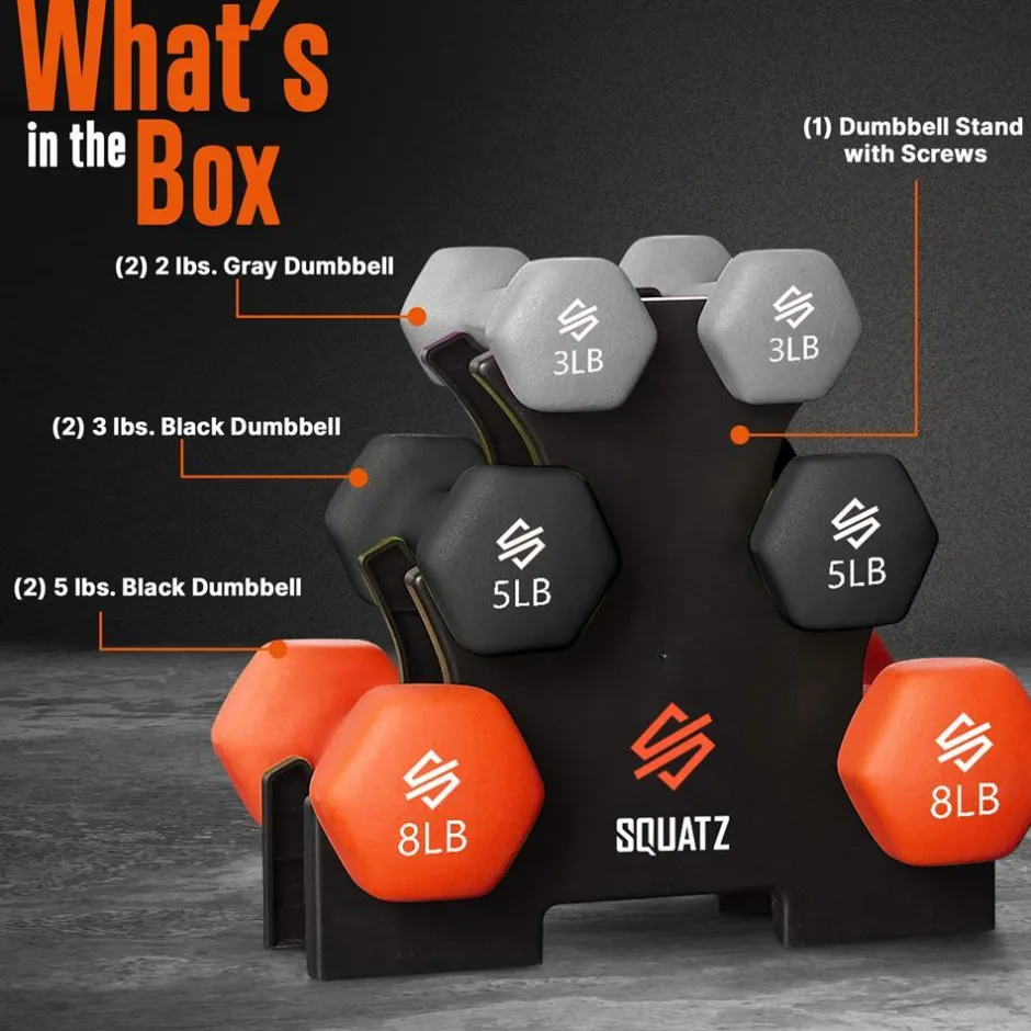 Dumbbell Set with Stand, Anti-Slip Neoprene Coated, Gray/Black/Orange<SQUATZ Clearance
