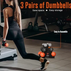 Dumbbell Set with Stand, Anti-Slip Neoprene Coated, Gray/Black/Orange<SQUATZ Clearance