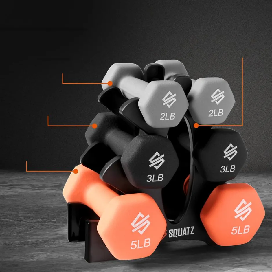Dumbbell Set with Stand, 20lbs Neoprene Coated, Anti-Slip, Gray/Black/Orange<SQUATZ Sale