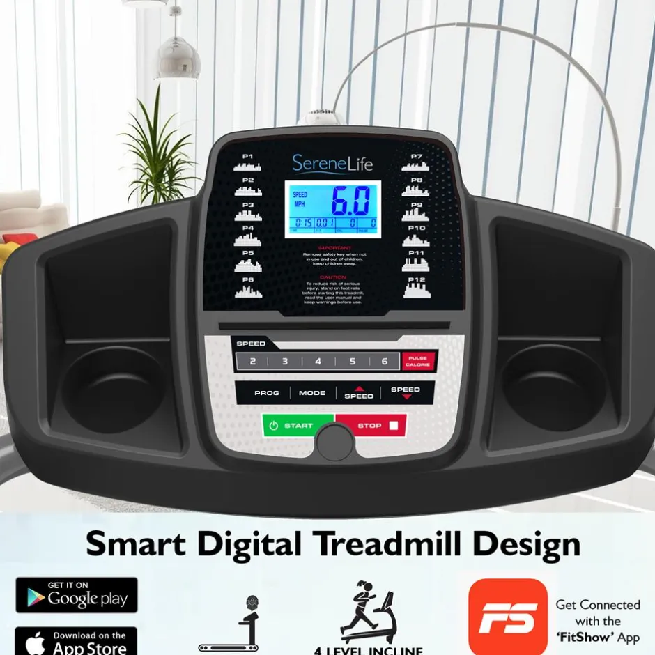 Electric Folding Treadmill, Bluetooth Sync, Manual Incline, Compact Design<SereneLife New