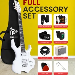 Electric Guitar Kit w/ Amp, Easy Play, Solid Wood, White Matte<Pyle Hot