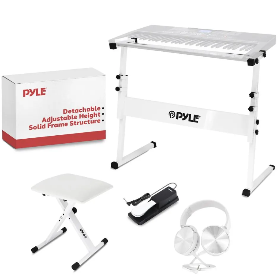 Electric Keyboard Accessory Set, Adjustable Stand & Stool, White<Pyle