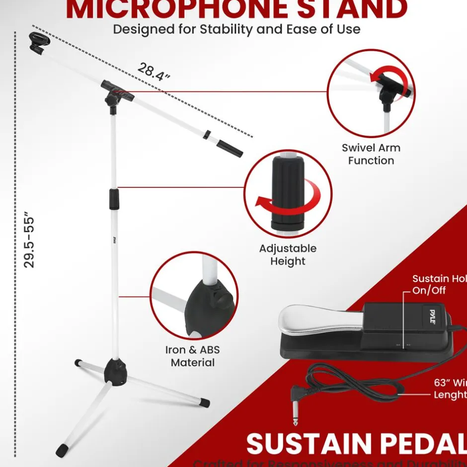 Electric Keyboard Accessory Set, Adjustable Stand & Stool, White<Pyle