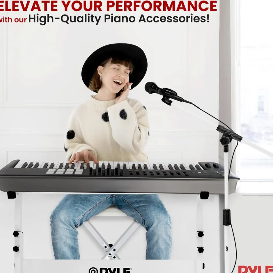 Electric Keyboard Accessory Set, Adjustable Stand & Stool, White<Pyle