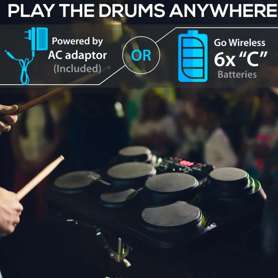 Electronic Drum Set, Portable, 7 Touch Pads, USB/MIDI, 600 Sounds<Pyle Online