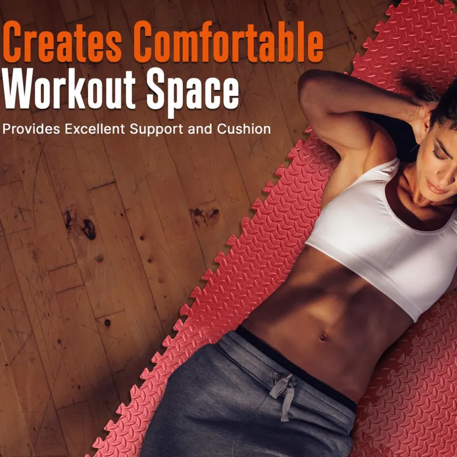 Exercise Mat 10 Pcs - Cushioned EVA Foam, Non-Skid, Easy Assembly, Red<SQUATZ