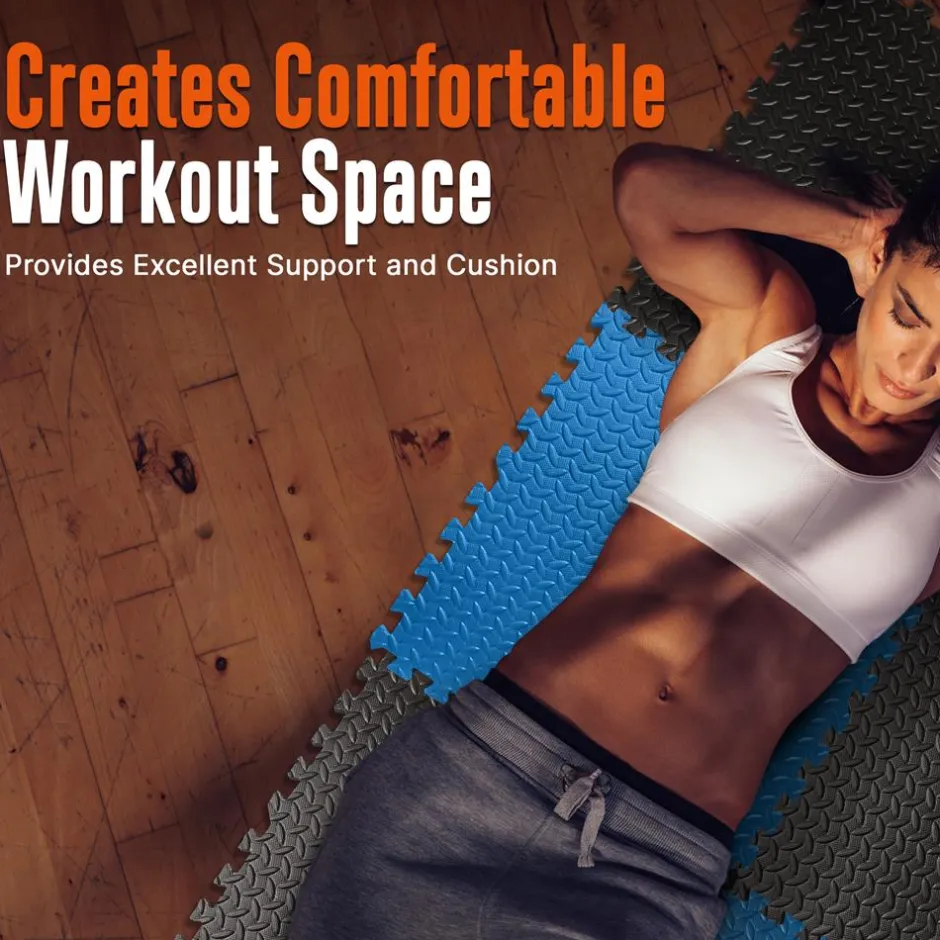 Exercise Mat 6-Piece Set, Cushioned EVA Foam, Non-Skid, Blue/Black<SQUATZ Online