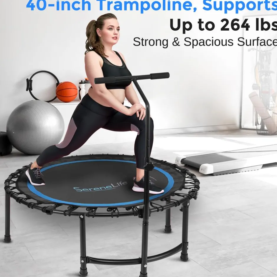 Foldable Mini Trampoline, Aerobic Fitness, Adjustable Handrail, 264 lbs Capacity<SereneLife Discount
