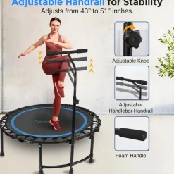 Foldable Mini Trampoline, Aerobic Fitness, Adjustable Handrail, 264 lbs Capacity<SereneLife Discount